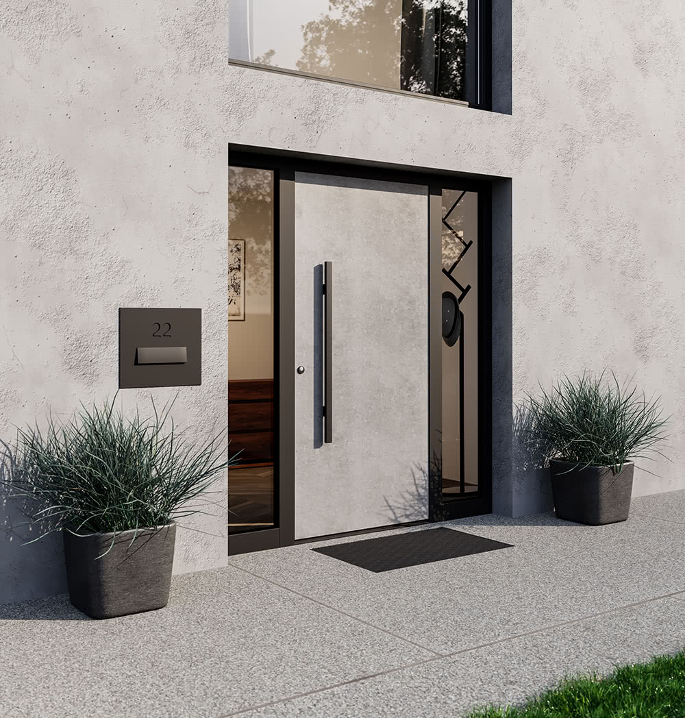 Drzwi ThermoSafe Decoral, wzór jasny cement, z opcjonalnymi elementami bocznymi