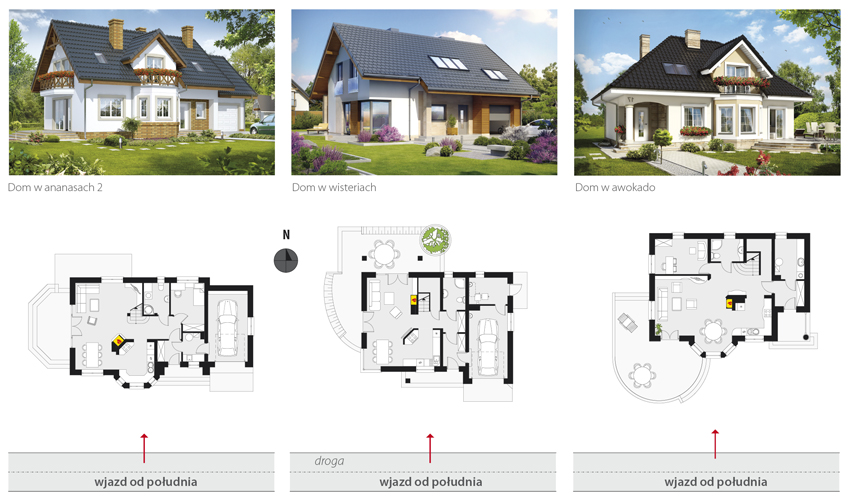Przykładowe projekty domów z wejściem od południa wraz z rzutami parterów: Dom w ananasach 2, Dom w wisteriach, Dom w awokado