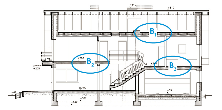 Przekrój domu z zaznaczonymi stropami